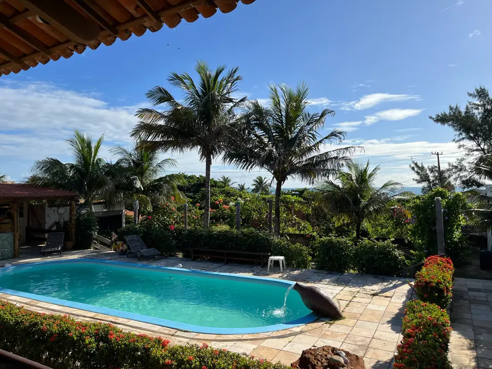 Piscina cercada de coqueiros sob céu azul